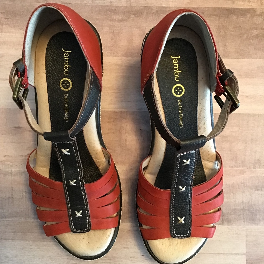 Jambu Women’s Red Leather T-Strap Sandals